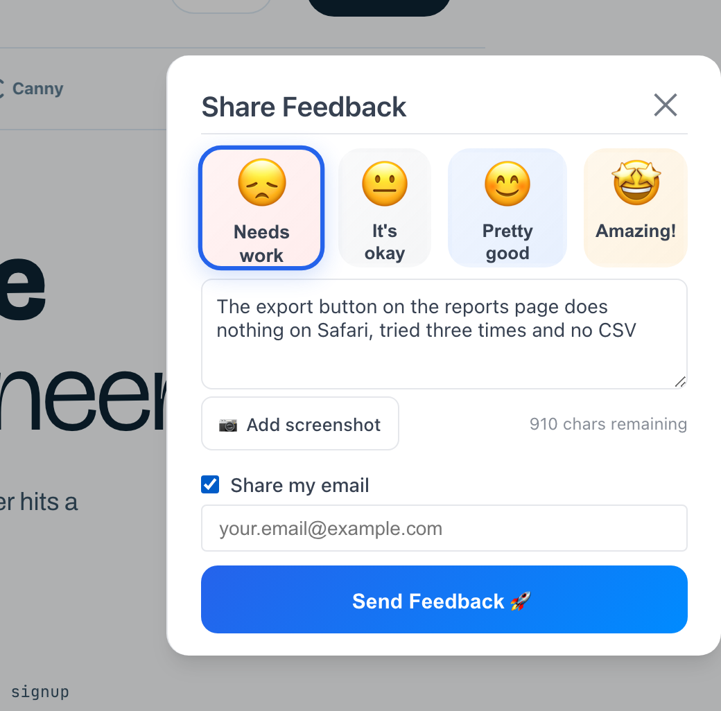 The Usero widget open on a page, with a bug report half-written in the comment box