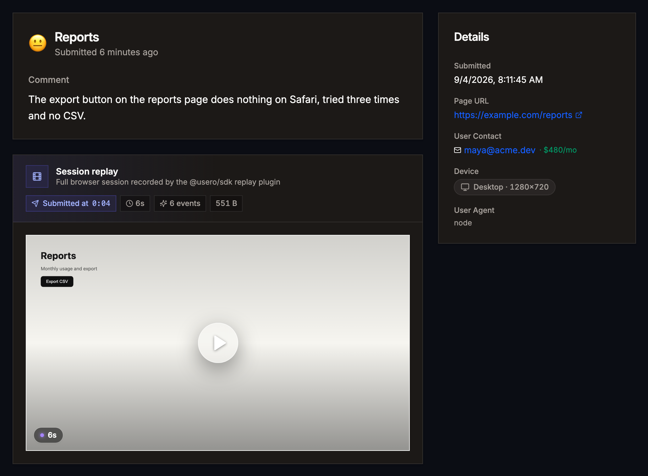 A feedback detail page showing the comment, a session replay player and the reporting user