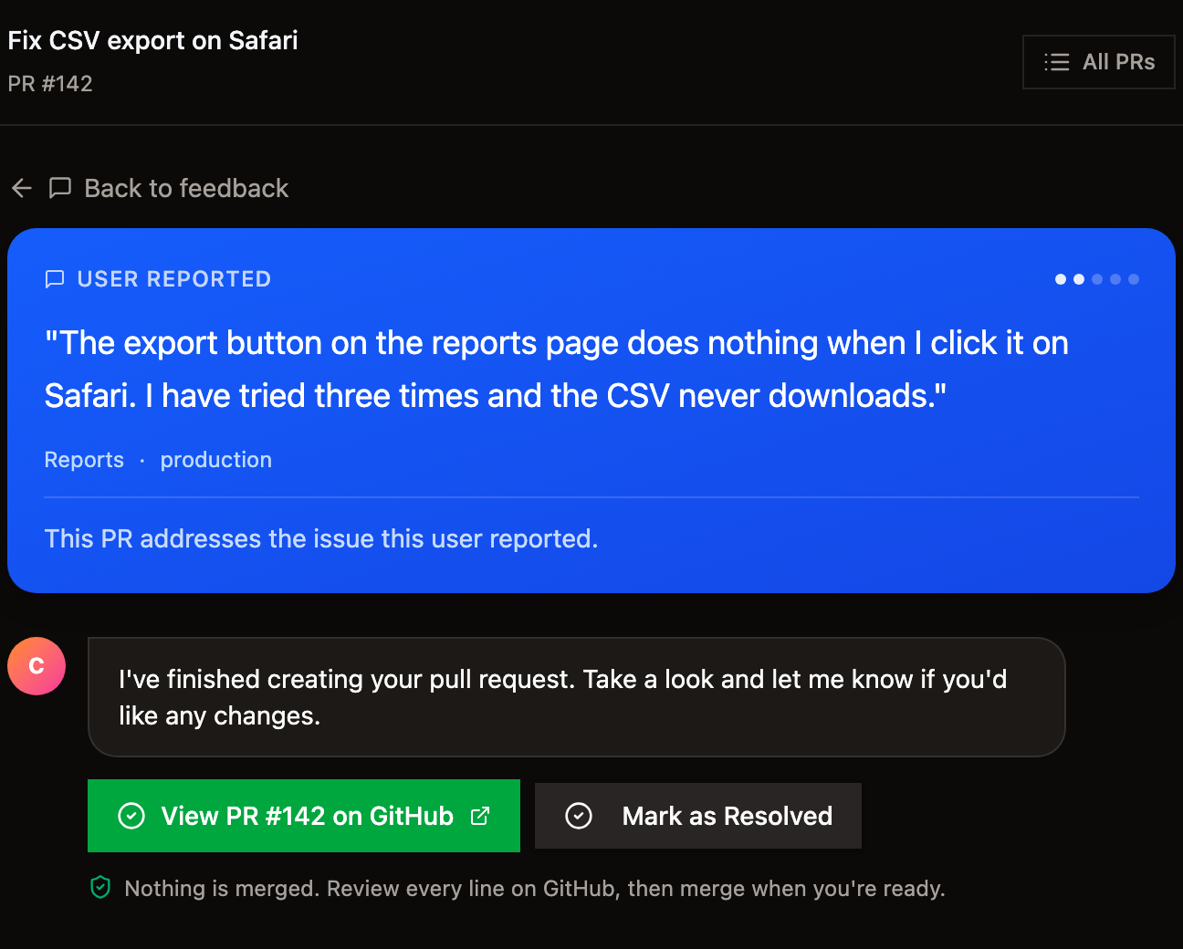 A pull request page with the quoted user report and a View PR on GitHub button